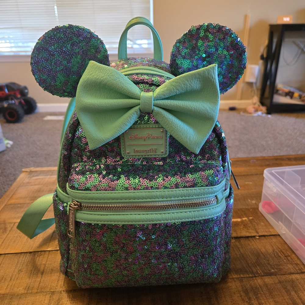 Loungefly Sequin Backpack with Ears and Bow - Teal and Purple